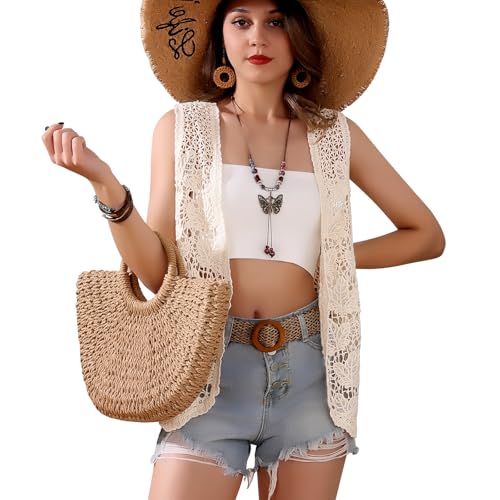 Image of Women's Crochet Floral Boho Lace Trim Sleeveless Kimono Open Front Vest Cardigan