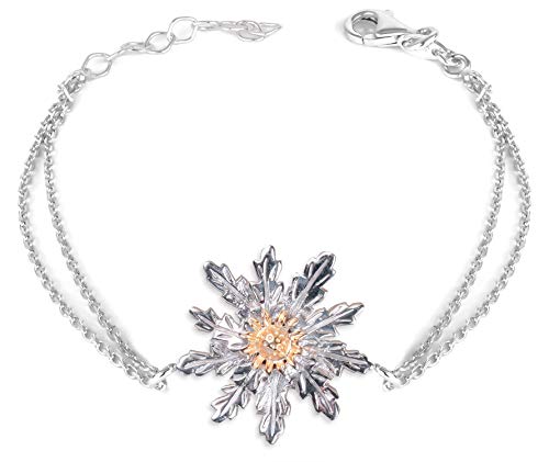 TALISMAN JEWELLERY Pulsera bicolor de Plata 925 y Chapado Oro 3 micras 18k con doble cadena - Eguzkilore, Flor Vasca (15 CM + 4 CM de extensión)