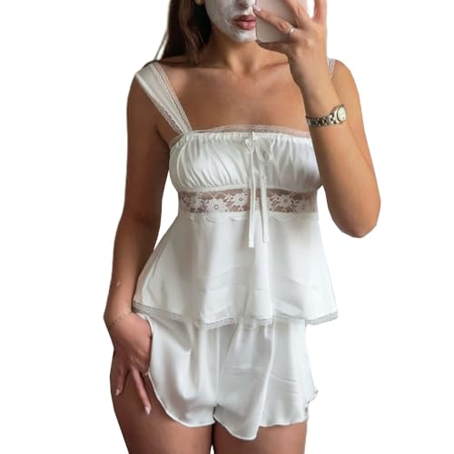 Image of ROAONOCOMO Women Lace Trim Pj Shorts Set Square Neck Coquette Tank Top Silk Satin Pajama Set Babydoll 2 Piece Shorts Outfit