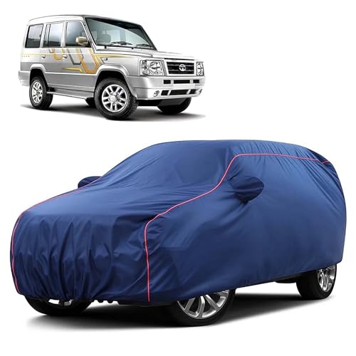 Image of Sulfar 100% Water Resistant Car Body Cover Compatible with Mirror for Tata Sumo Victa (Triple Stitched, Full Bottom Elastic, Blue Taffeta with Red Piping)