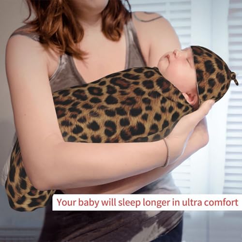 Image of Dark Light Brown Leopard Print Swaddle Blanket with Beanie Hat Set Newborn Swaddle Wrap Soft Baby Receiving Blankets Baby Swaddle Blanket for Baby Boys and Girls