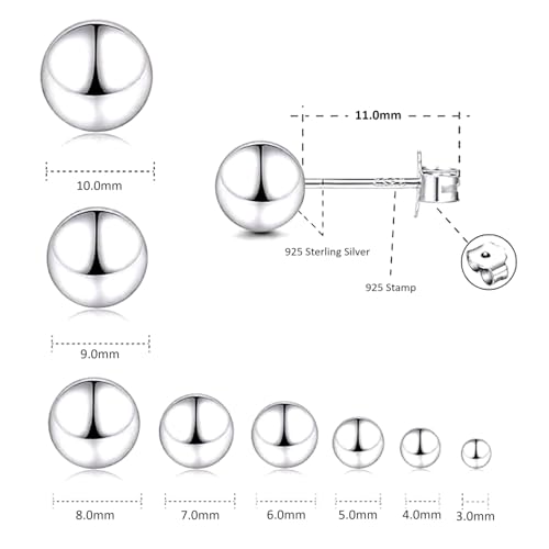 Charmsy 925 Sterling Silver Ball Post Stud Earrings for Women | Round Hammered Lightweight Disco Classic Ball Stud Earring for Women Teen | Sizes 3mm-11mm4