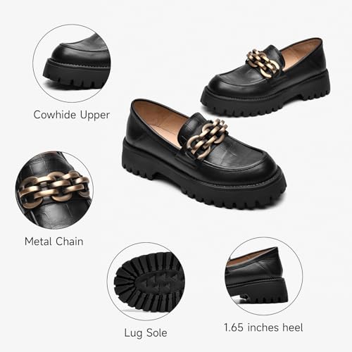 Image of BEAU TODAY Chunky Loafers Women,Leather Platform Loafers for Women,Lug Sole Slip On Chain Shoes,Comfortable Work Office Business Casual Office Dress Shoes