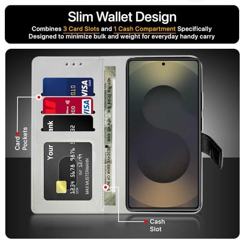 Image of FLIPPED Vegan Leather Flip Case Back Cover for Samsung Galaxy S25 Ultra 5G (Flexible, Shock Proof | Hand Stitched Leather Finish | Card Pockets Wallet & Stand | Black with Brown)