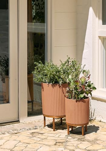 Image of Veradek Demi Series Raised Duo Planters - Set of 2 Planters with Stands | Made From a Durable Plastic-Stone Composite & Comes With Wooden Stand. Modern Porch /Patio Decor