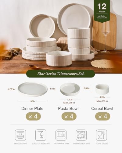 Image of Famiware Star 12-Piece Stoneware Dinnerware Sets for 4 - Dinner Plates, Pasta Bowls, Cereal Bowls, Dishes for Everyday & Formal Use, Chip & Scratch Resistant, Microwave & Dishwasher Safe, Matte White