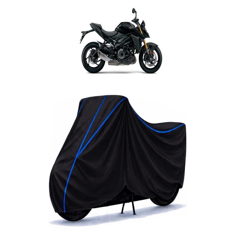 Image of Suzuki GSX S 1000 Bike Cover Water Resistant Universal Motorcycle Rain | Heavy Duty UV Protection, Dust, Scratch Indoor Outdoor All Weather with Black Blue Piping Elastic