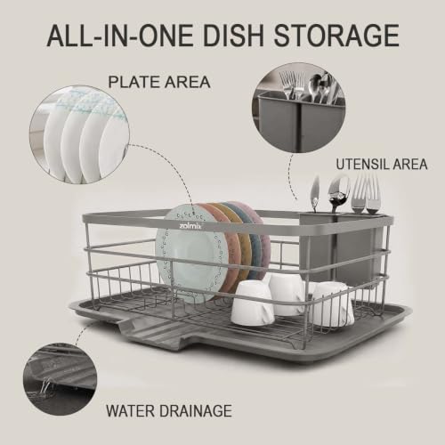 Image of ZOLMIX Dish Drying Rack, Dish Drainer Basket with Drainer Tray, Utensils Drying Rack Anti-Rust Detachable Cutlery Holder, Bartan Basket with Drain Tray, Kitchen Utensils Organizer, Grey (42x32x13 CM)