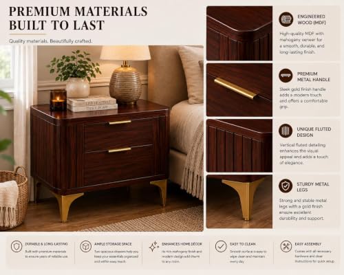 Image of Solid Sheesham Wood Bedside Table for Bedroom & Livingroom | Nightstand End Table with 2 Drawers Storage for Home | Modern & Luxury Design| (Mahoganyn Finish)