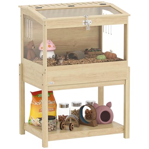 PawHut Cage à Hamster en Bois avec Plateau de Rangement, Cage à Souris surélevée avec Couvercle ouvrable, fenêtre en Acrylique et Trous de Ventilation,...