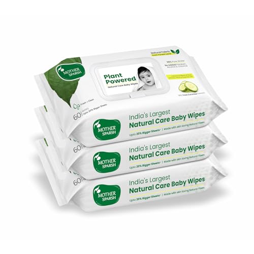 Image of Mother Sparsh Natural Care Water Baby Wipes with Lid | 100% Plant Made Fabric From Forest Land | Fresh+Cleanse (with Cucumber) Plant Powered Wet Wipes For Baby I Cotton Cloth Like Bigger Sheets | 60 Pcs (Pack of 18)