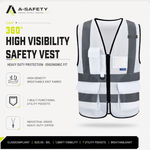 Image of A-SAFETY Hi-Vis Reflective Vest with Reinforced Points, Zipper, White, 2XL