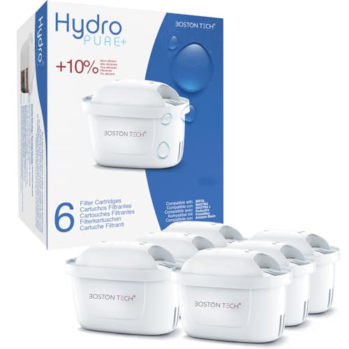 Filtros de agua Hydro Pure+ filtrantes compatibles con jarras Brita Maxtra/Maxtra+/PerfectFit/Amazon Basics que reducen la cal y el cloro NO REQUIERE ADAPTADOR (Paquete de 6)