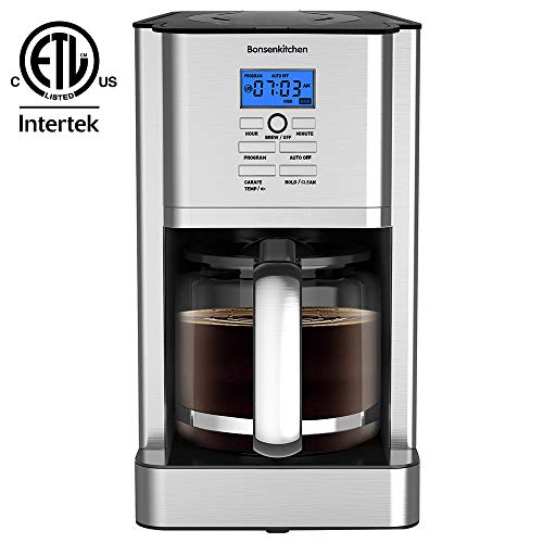 12 Cups Programmable Stainless Steel Coffee Makers Machines w Timer Built in Hot Preservation Board Coffee Pot with Glass Carafe Permanent Filter Basket