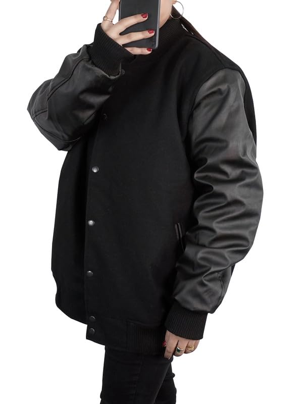SpazeUp Women's Oversized 90s Bomber Jacket - High School Letterman Varsity Jacket - Plus Size - Black3