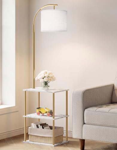 Image of PARTPHONER Floor Lamp with Table, Night Stand with Lamp, Narrow Side Table with 3CCT LED Bulb, Small Coffee Table, Modern End Table with Storage Shelves for Living Room, Marble White and Gold Poles