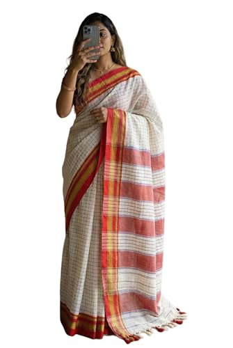 Image of Star Design white+Red Narayanpet Ilkal Cotton Saree With 6.20 m