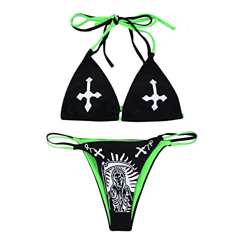 ZGMYC Women Funny Skull Letter Print Goth Bikini Set 2 Piece Neon Bandeau Swimsuit