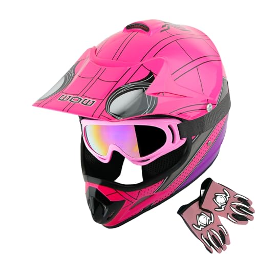 WOW Youth Kids Motocross Helmet BMX MX ATV Dirt Bike Helmet Spider Pink + Goggles + MG Youth Pink...