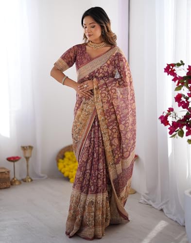 Image of SIRIL Women's Cotton Linen Kalamkari Printed Handloom Saree with Unstitched Blouse Piece