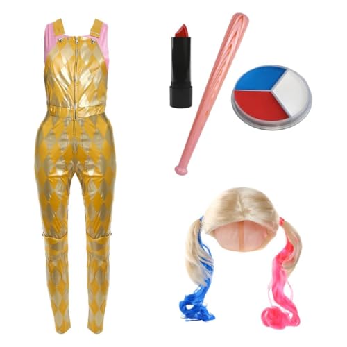 Conjunto de disfraz de asistente de payaso para mujer, talla XXL, parte superior rosa, peto amarillo, peluca rubia, pintura facial roja, blanca y azul, lápiz labial rojo y bate de béisbol inflable