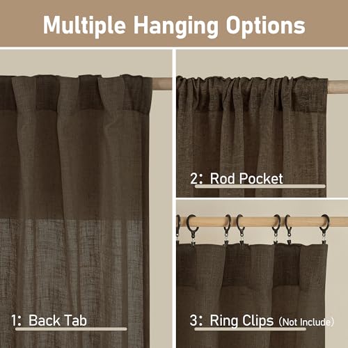 LAMIT Linen Curtains 45 Inch Length 2 Panels, Light Filtering Panels Back Tab and Rod Pocket Neutral Drapes for Kitchen/Window/Loft Room/Bedroom, 34 x 45 Inch Dark Brown