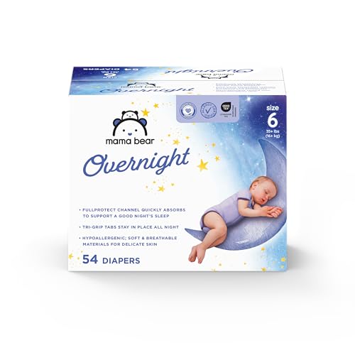 Image of Amazon Brand - Mama Bear Overnight Baby Diapers with Leak Protection and Skin Protection, Fragrance-Free, Size 6, Hypoallergenic, Chlorine Free, Dermatologist Tested, 54 Count