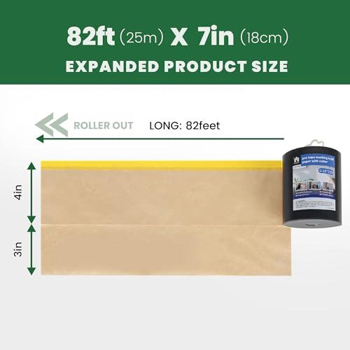 Image of Voomey Pre-Taped Masking Paper for Painting with Dispenser - 7 inch x 82 feet Tape and Drape Painters Paper for Covering Skirting, Frames, Cars and DIY Projects