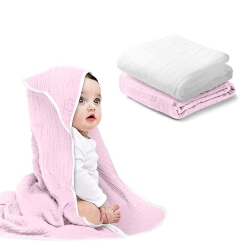 Image of Arnzion Baby Hooded Towels for Babies and Toddlers, Muslin Baby Bath Towel Soft and Absorbency for Baby Girls (Pink and White 2)