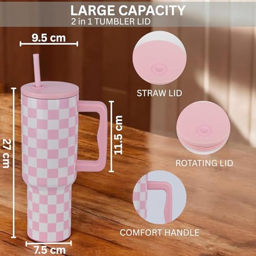 Image of Tumbler with lid and Straw 1200ML Cup Stainless Steel Insulated Cup for Water, Iced Tea or Coffee 1.2L Office Gym Travelling; Tumbler with Straw. (40-Oz-Pink Checks)