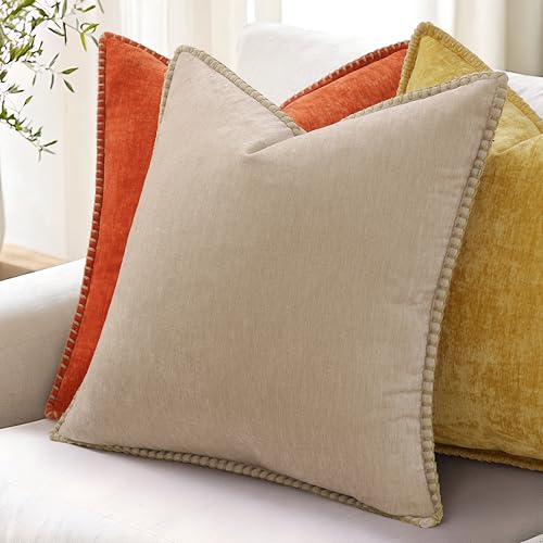 Image of decorUhome Fall Chenille Soft Cozy Throw Pillow Covers 16x16 Set of 2, Modern Farmhouse Boho Velvet Decorative Pillow Cases with Stitched Edge for Couch Sofa Bed Home Decor, Mineral Yellow