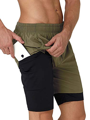 Loveternal Army Green Workout Shorts for Men Dry Fit Solid Color Gym Running Shorts Polyester 2 in 1 Teen Boys Double Layer Fitness Cycling Training Shorts with Zipper Pockets L