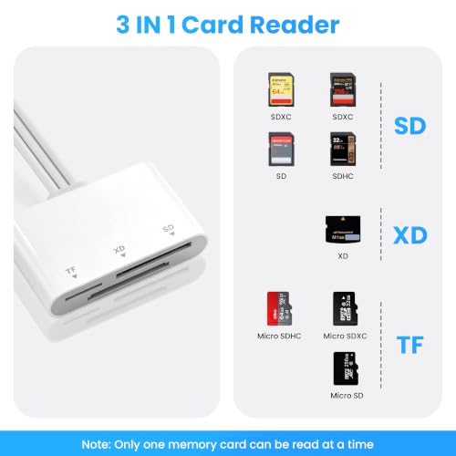 Image of SD Card Reader, XD Card Reader for iPhone, 3 in 1 SD /TF /XD Picture Reader for Lightning /USB C /USB A Device, Lightning+USB A+USB C TF Card Adapter for iPhone 17 /16 /15 /14 /13 /iPad /PC /Android