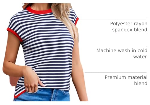 Image of Cap Sleeve Tops for Women Summer Striped Short Sleeve Sweater Top Crew Neck Sleeveless Vest Spring Going Out Shirts