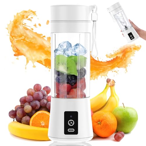 Glowing Essentials Portable Blender for Shakes and Smoothies 380ML Personal Fruit Mixer with USB-C Charging Cable & User Guide, 2000MaH USB Rechargeable Blender for Travel, Office and Sports (White)