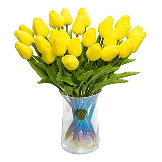 Oikabio 30 tulipanes artificiales de tacto real, ramo de tulipanes de poliuretano, flores de látex, color blanco (amarillo)