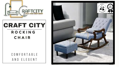 Image of CRAFTCITY Sheesham Wood Elegant Chair with Pillow and Matching Foot Stool /Living Room Chair /Rose Wood Rocking Chair,Pre-Assembled (Sky Blue, Rocking Chair with Ottoman)