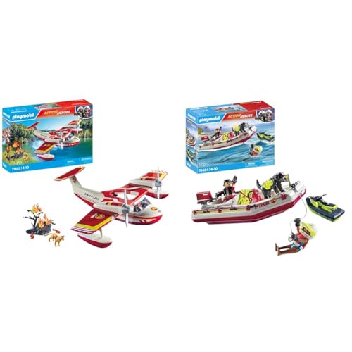 PLAYMOBIL Action Heroes 71463 Feuerwehrflugzeug mit Löschfunktion & Action Heroes 71464 Feuerwehrboot mit Aqua Scooter