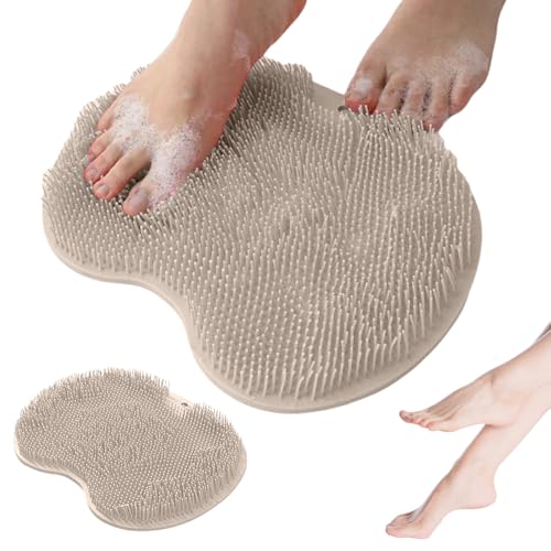 YAWOTA Shower Foot Scrubber Mat with Non-Slip Suction Cups, Non Slip Bathtub and Shower Mat with Suction Cups and Drain Holes, Foot Back Cleaning Pad Back Washer Exfoliating Bath Wash Pad (Khaki)