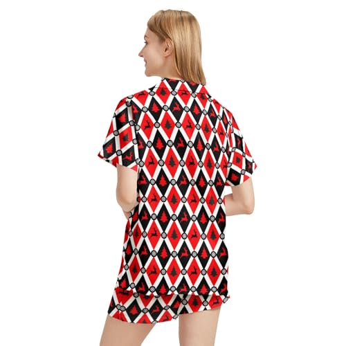 Image of Funny Pajamas for Women Set Print Satin Loungewear Pjs Short Sleeve Button Down Top and Shorts Sets Sleepwear XS-3XL