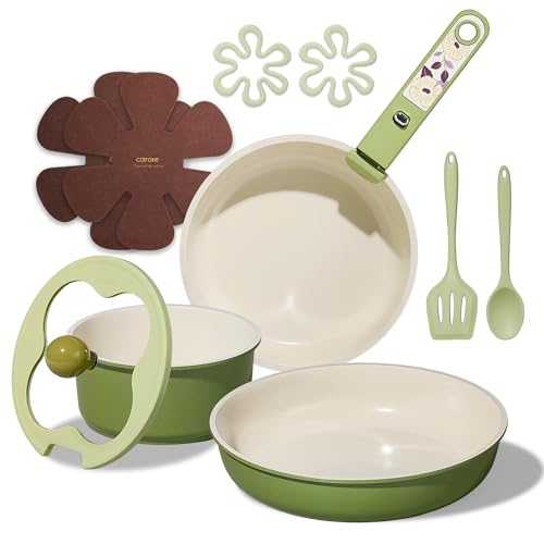 CAROTE 11pcs Ceramic Cookware Set, Pots and Pans Set Non stick, Induction Kitchen Cookware with Removable Handle, RV Dishwasher ＆ Oven Safe, RV/Camping Cookware, PFOA Free, Green