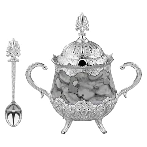 LaModaHome Sugar Bowl with Lid and Spoon for Home, Kitchen and Wedding Party, Serving for Delight and Chocolate, Decorative Design for Cube and Powder Sugar - Silver/Gray Cover