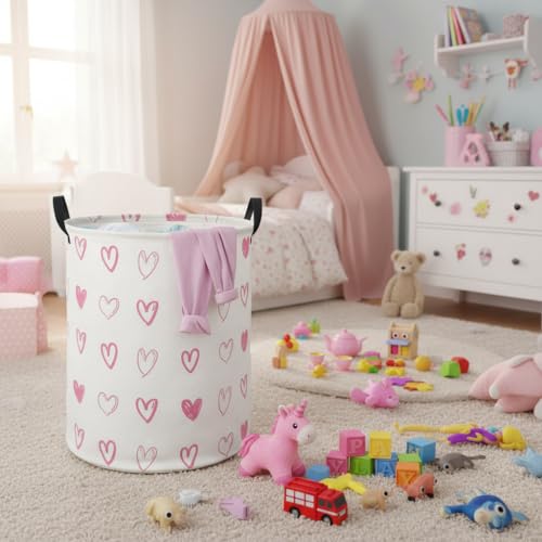 Image of Baby Laundry Hamper kids laundry Basket Waterproof Laundry Bag for Bedroom Clothes Organizer Room Decor(Pink Heart)