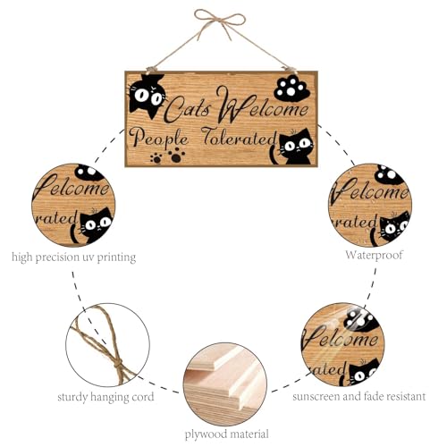 CREATCABIN Cat Welcome Sign Wooden Plaque Sign Black Cat Wall Decor Kitty Footprint Wooden Hanging Wall Sign Rustic Door Sign for Pet Shop Home Cat Lover Gifts 12x6Inch-Cats Welcome People Tolerated - Image 3
