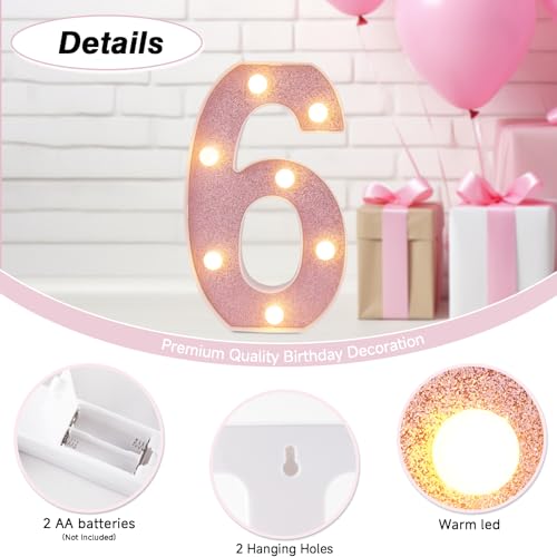 Image of LED Marquee Numbers, Small Light Up Numbers for Party, 8.58 Inch Battery Powered Lighted Number for Birthday, Night Light, Table or Home Decor (Pink Glitter, Number 6)