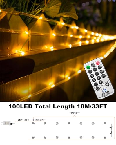 btfarm Lichterschlauch Aussen mit Fernbedienung, 10M 100 LED Schlauch Outdoor mit Timer Lichtschlauch Außen mit Stecker IP65 Wasserdicht, Lichterkette Außen Dimmbar für Garten Terrasse Zaun Hof Deko