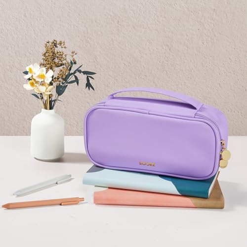 Image of Sooez PU Pencil Case, High Capacity Pencil Bag, Aesthetic Pen Pouch with zipper, 3 Compartment Pen Bag Wide Opening, Portable Stationery Storage and Organizer, School Supplies for Teen, Purple