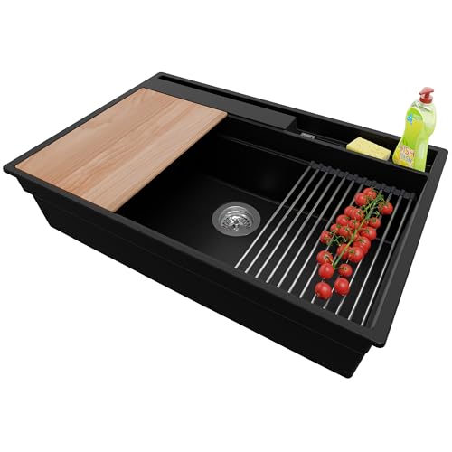 PRIMAGRAN Evier Cuisine en Granit Noir 78x53cm, Lavabo 1 bac + Kit de Vidage, Évier à Encastrer au Meuble 80cm - Oslo S335