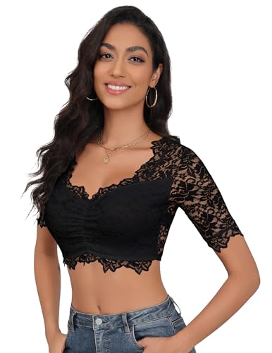 Hotouch Dirndl Bluse Damen Kurzarm Herzausschnitt Dirndlbluse Spitze Dirndlblusen Schwarz Trachtenblusen Für Bayrische Tracht Oktoberfest XL