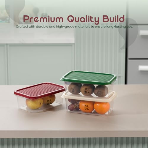 Image of Set of 3 Fridge Storage Containers with Lids 1100ml Each | BPA Free Food Grade Stackable Transparent Freezer Safe Boxes for Vegetables Fruits Snacks Kitchen Made in India